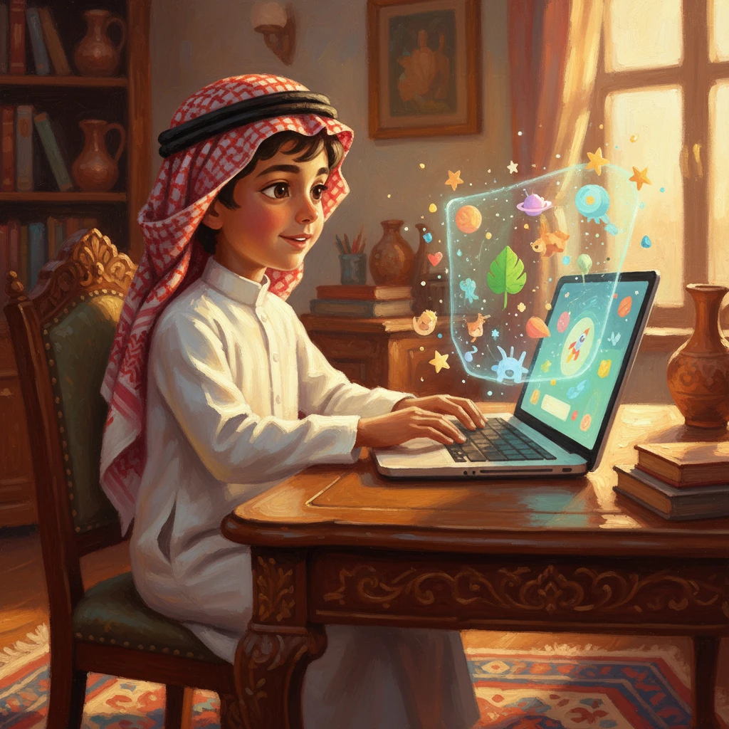 فتح سلطان الحاسوب وبدأ يتصفح المواقع الآمنة التي أوصت بها معلمته. استكشف برامج تعليمية شيقة عن الفضاء والطبيعة، وألعابًا تفاعلية تنمي الذكاء. كان كل نقرة تفتح له بابًا جديدًا للتعلم والمرح.