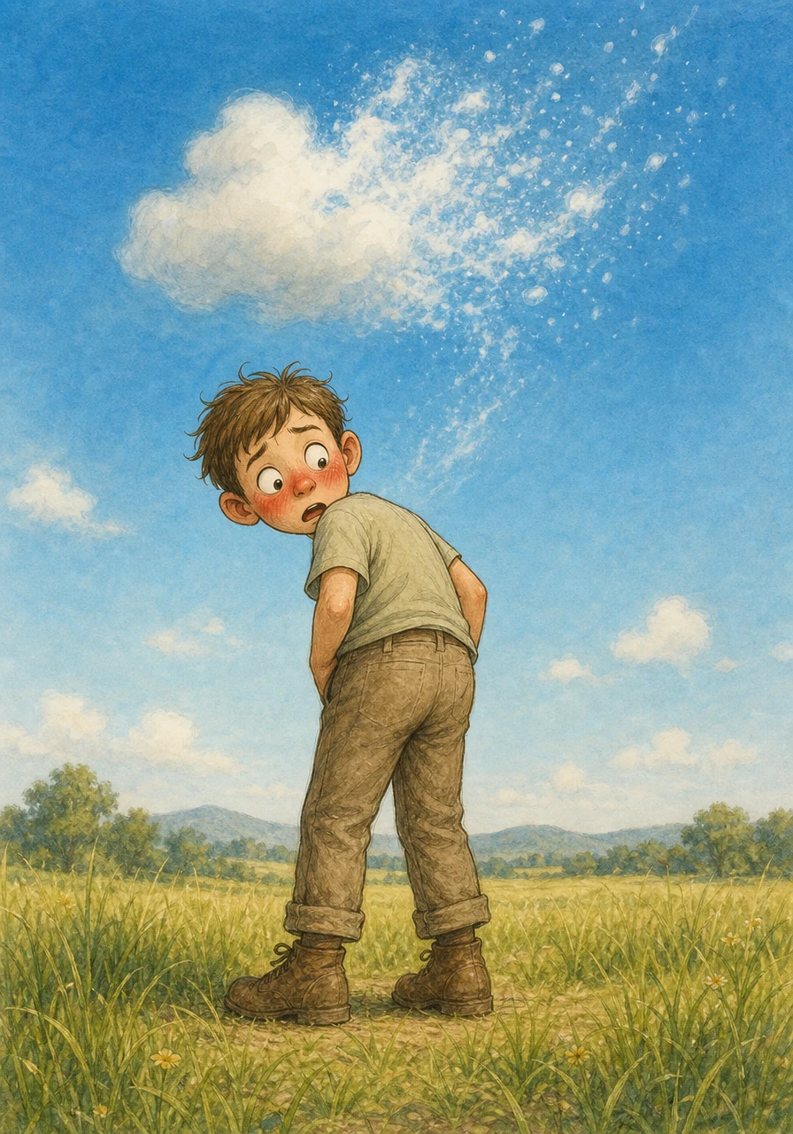 Barnaby Bottoms was an ordinary boy with an extraordinary secret that even he didn't quite understand yet. One sunny afternoon, a tiny poot escaped him, and to his surprise, a stubborn cloud immediately vanished from the sky. He stared at his backside in disbelief, wondering if he had just accidentally cleared the weather.
