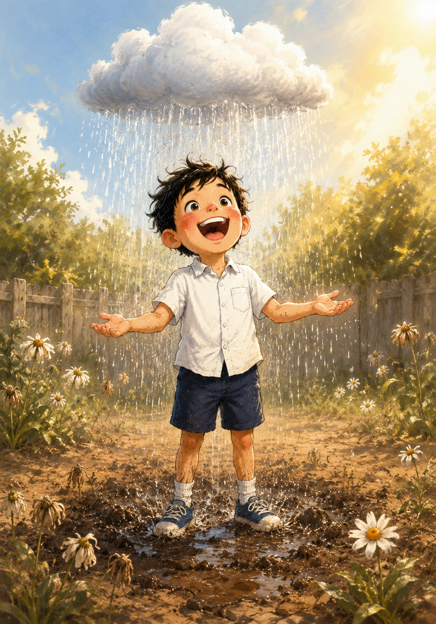 He decided to test his theory in the backyard garden among the wilting daisies. With a concentrated honk, a gentle sunshower began to sprinkle down from a single fluffy cloud, turning the dry soil into a refreshing muddy playground. Barnaby giggled as he realized the rumbles in his tummy were actually rhythmic weather reports.