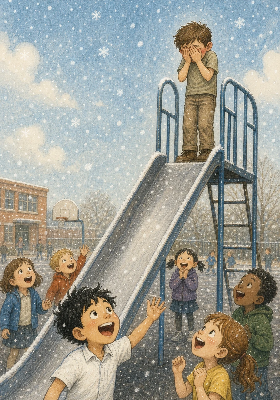 During recess at school, a nervous squeak slipped out while Barnaby was standing at the top of the slide. Within seconds, soft white snowflakes began to fall on the hot blacktop, leaving his classmates cheering in wonder. Barnaby hid his face in his hands, blushing as the summer air turned into a winter wonderland.