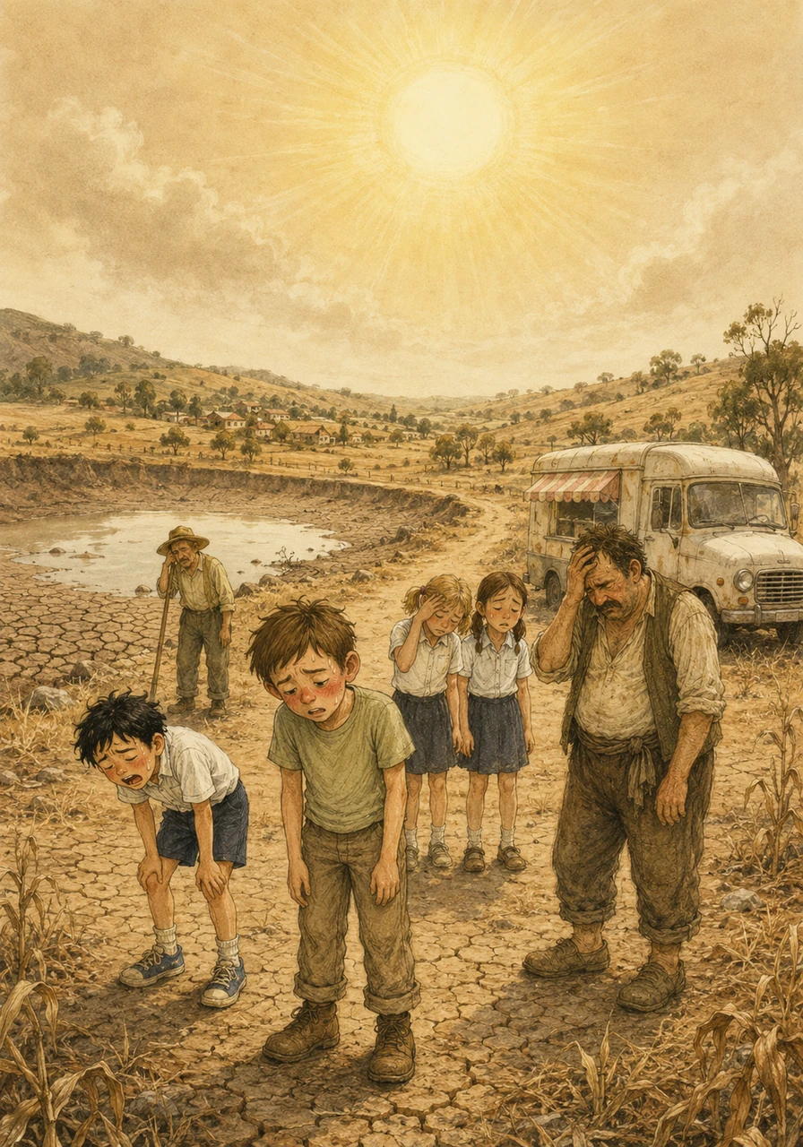 But the joy didn't last, as a terrible heatwave soon settled over the valley, turning the lush green fields into crunchy brown hay. The town’s reservoir began to dry up, and the sun beat down without mercy day after day. The birds stopped singing, and the ice cream truck's melodies sounded tired and slow.