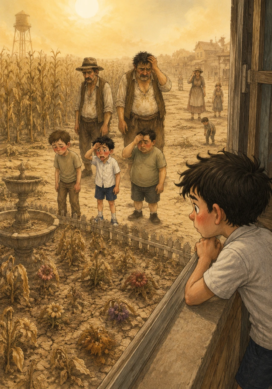 The farmers looked at their drooping cornstalks with heavy hearts, and the town's famous flower garden turned to dust. Everyone was grumpy and thirsty, wishing for just a single drop of rain to break the spell of the scorching sun. Barnaby watched from his window, feeling a heavy responsibility growing in his stomach.