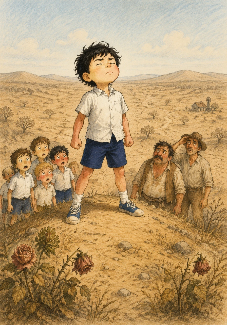 With a tummy full of thunder, Barnaby hiked to the very top of Windy Hill, overlooking the parched and dusty valley below. He took a deep breath, braced his legs firmly against the dry ground, and prepared himself for the performance of a lifetime. He closed his eyes tight, thinking of the thirsty trees and the wilting roses.