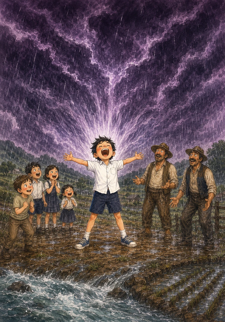 Barnaby let out the most magnificent, earth-shaking, and musical blast in the history of the world. The sky instantly turned a deep, bruised purple as massive clouds rolled in, booming with the echo of his effort. A glorious, cool rain began to pour, soaking the thirsty earth and filling the rivers to the brim.