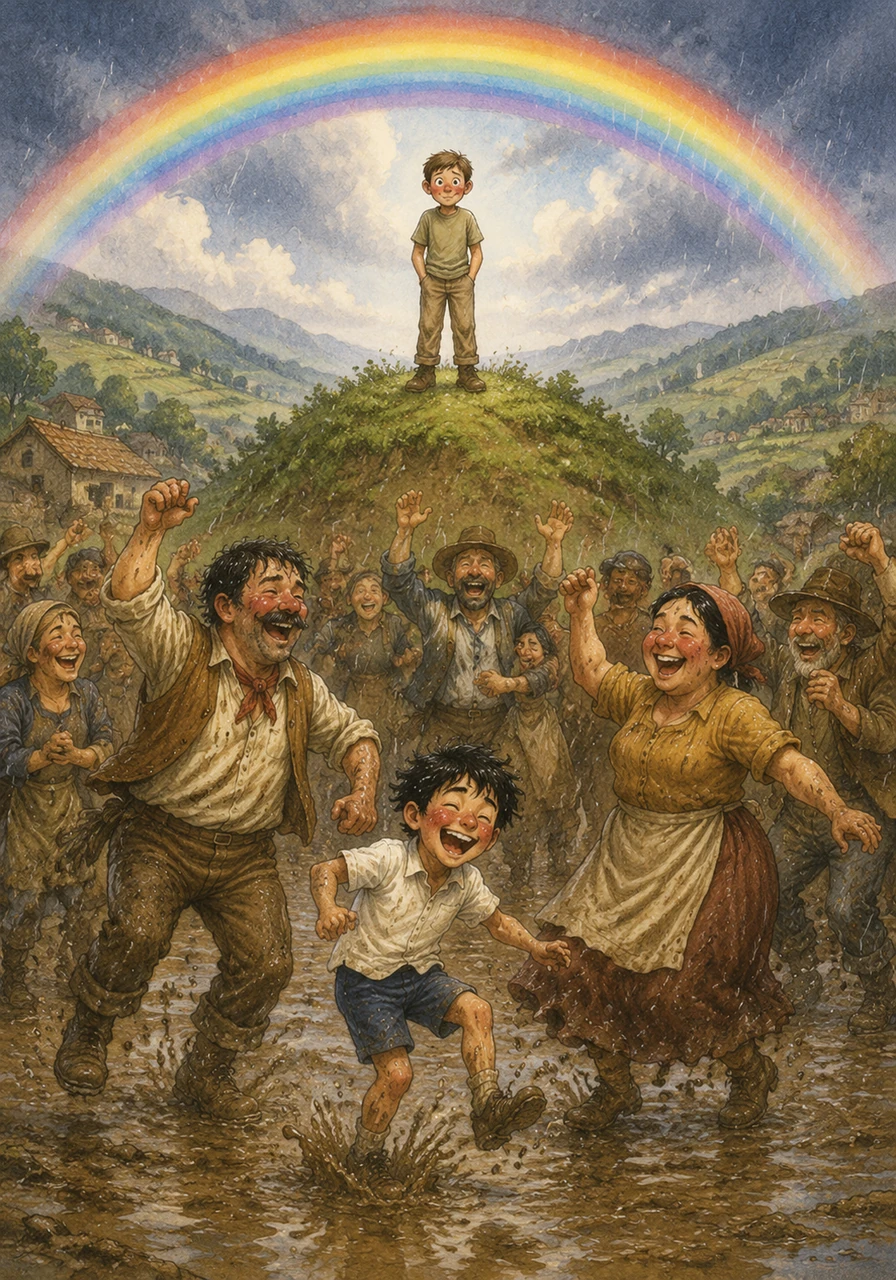 The townspeople danced in the puddles, laughing and celebrating the boy who brought the life-giving rain back to the valley. Barnaby stood tall on the hill, a small smile on his face as a rainbow arched over his head. He realized that his breezy blasts weren't just funny—they were a gift that could change the world for the better.