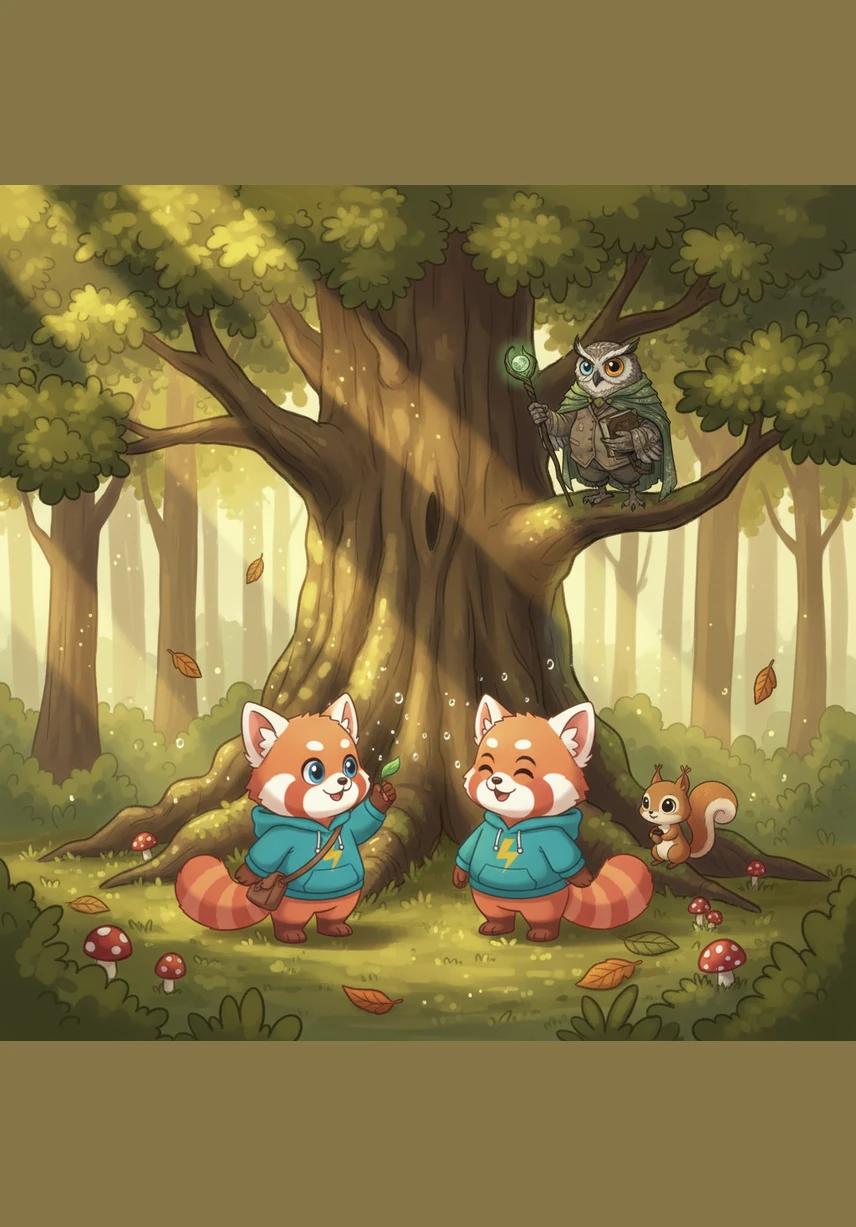 In a cozy forest, under a tall oak tree, lived a little bear named Benny. He loved the smell of the morning dew and the way the sunlight filtered through the thick green leaves above his home.