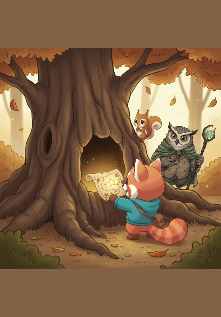 While playing near the gnarled roots of his favorite tree, Benny discovered an old, glowing map tucked inside a secret hollow. It showed a path winding deep into the heart of the woods toward a place marked with a bright golden star.