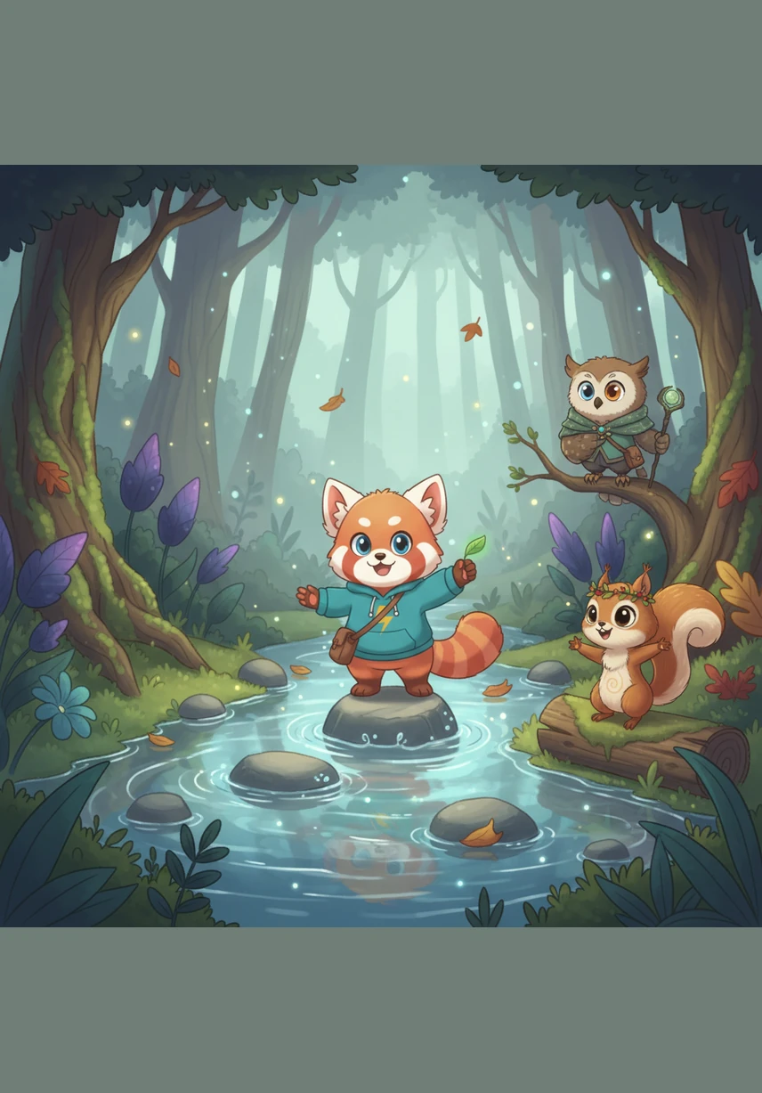 Benny soon reached a stream where the water danced and shimmered like liquid silver under the sun. He carefully hopped from one mossy stone to another, balancing his little paws until he safely reached the other side.