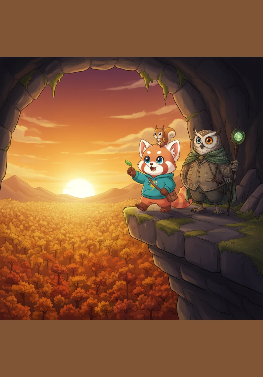 At the very end of the cave, Benny stepped out onto a high ledge and saw the most beautiful sunset he had ever seen. The golden light touched every tree in the forest, revealing that the treasure was the magnificent beauty of his world.