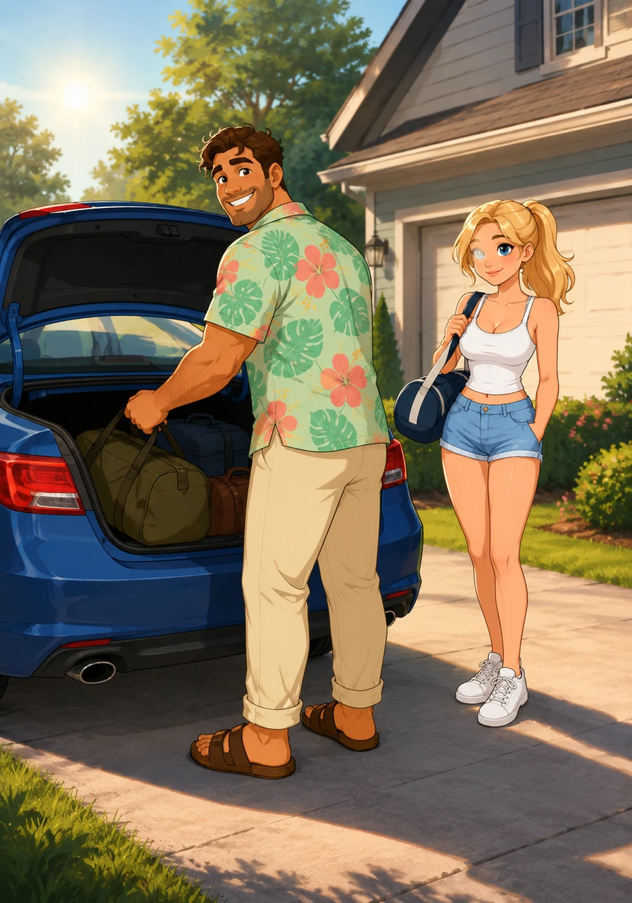 The morning sun cast long shadows across the driveway as Steffan loaded the last bag into the trunk of his blue sedan. The air smelled of fresh dew and gasoline, filling him with a pleasant buzz of anticipation for the long drive ahead.