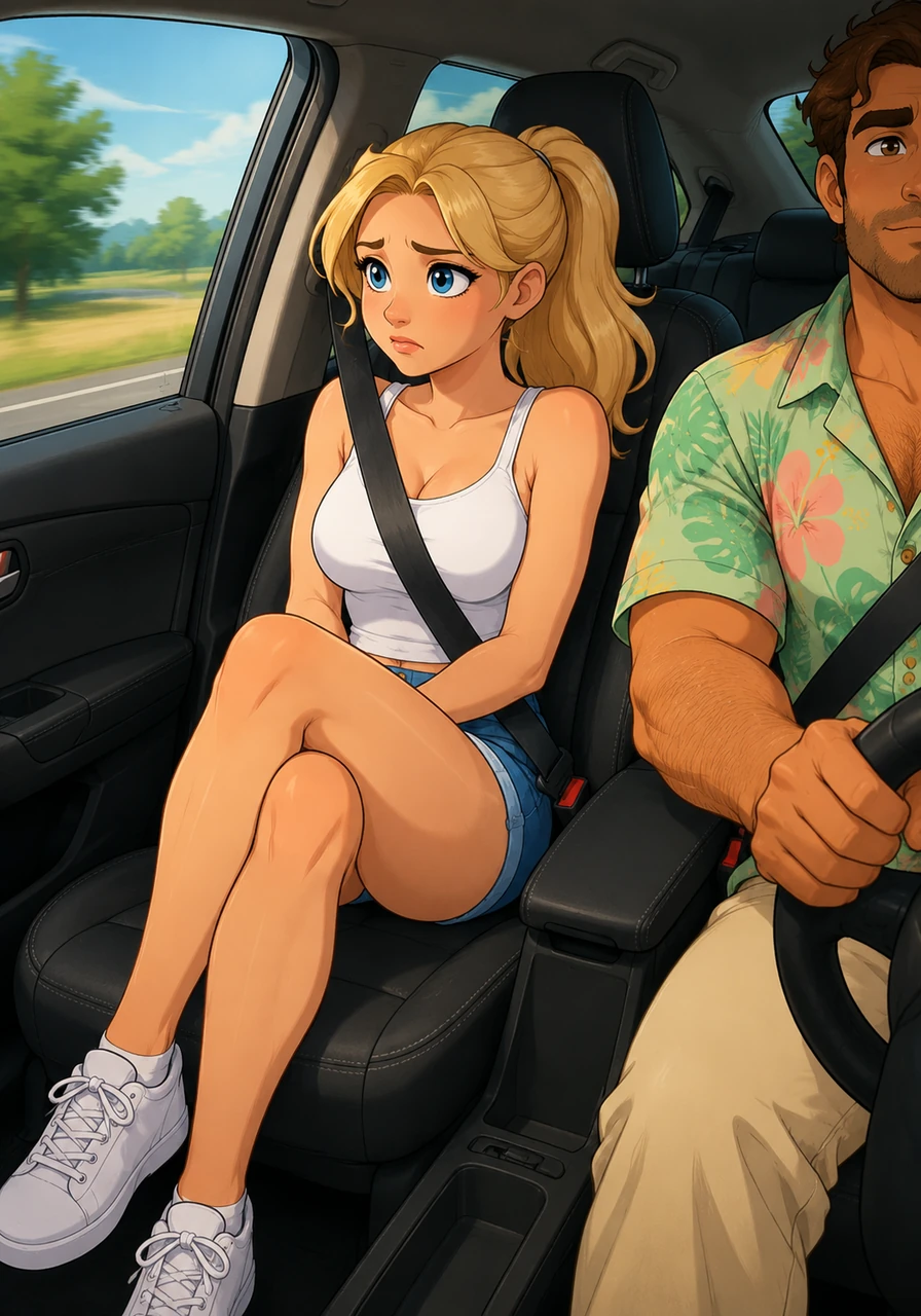 Forty-five minutes into the drive, the gentle reminder grew into a persistent, undeniable presence. Anna shifted her weight again, crossing her legs the other way and squeezing her thighs together firmly while staring out at the passing landscape.