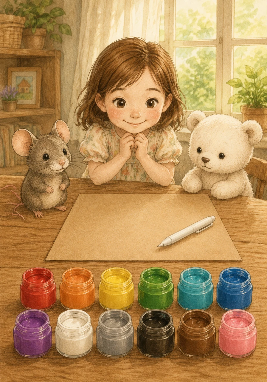 In a cozy, sunlit room, a sheet of brown paper and a white pen sit waiting on a wooden table. Twelve vibrant colors—Red, Orange, Yellow, Green, Turquoise, Blue, Purple, White, Gray, Black, Brown, and Pink—wait patiently to begin their magical transformation.
