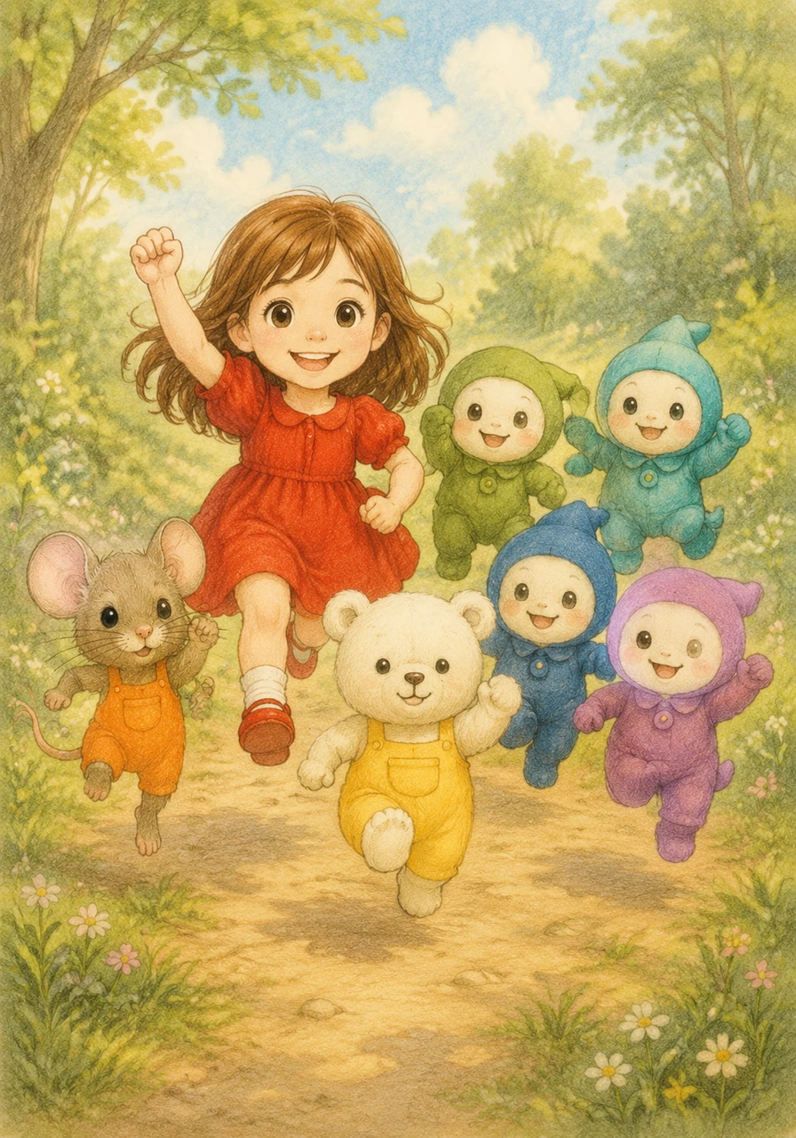 Suddenly, the first seven colors leap from their spots and transform into a group of cheerful characters. George in red, Fride in orange, Oliver in yellow, Rook in green, Aqua in turquoise, Bliley in blue, and Riva in purple stand together, ready for an adventure.