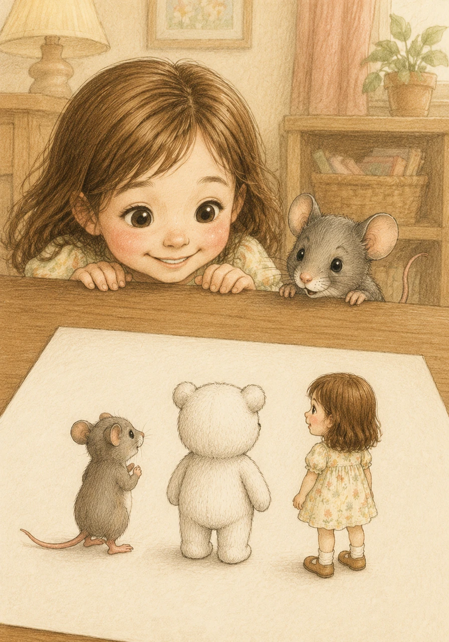 A curious Little Girl named Lily and a tiny Little Mouse peek over the edge of the table to see the characters on the paper. Lily smiles warmly while the mouse looks up in wonder, asking if the colorful friends are lost in this big, cozy room.