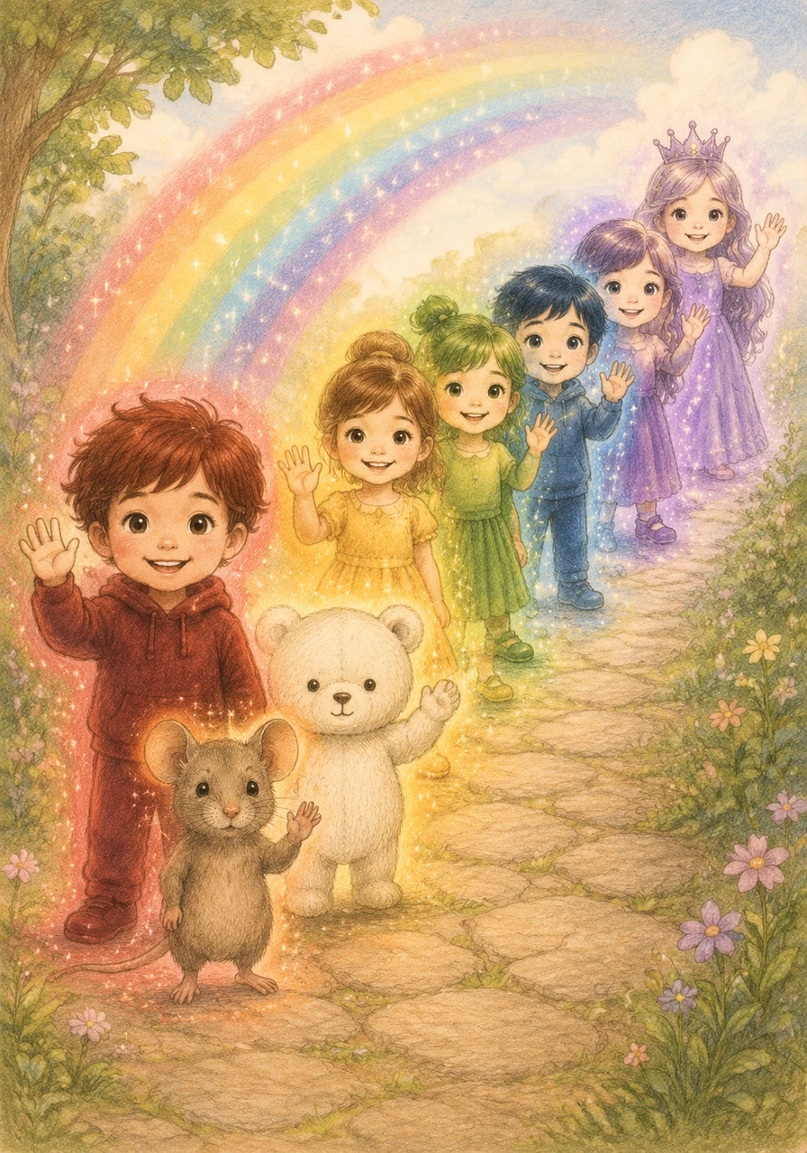 The rainbow characters step forward one by one to introduce themselves with bright smiles and friendly waves. From George with his maroon hair to Riva wearing her lavender crown, each one shares their name and their unique, glowing color.