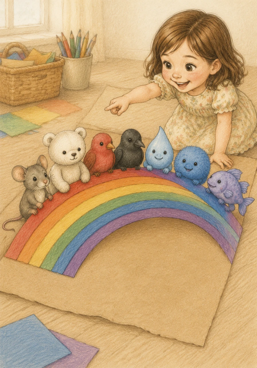 Lily points to the brown paper, realizing that the characters are lining up to create a magnificent paper rainbow. She calls out each color as George, Fride, Oliver, Rook, Aqua, Bliley, and Riva take their places in a perfect, colorful arc.