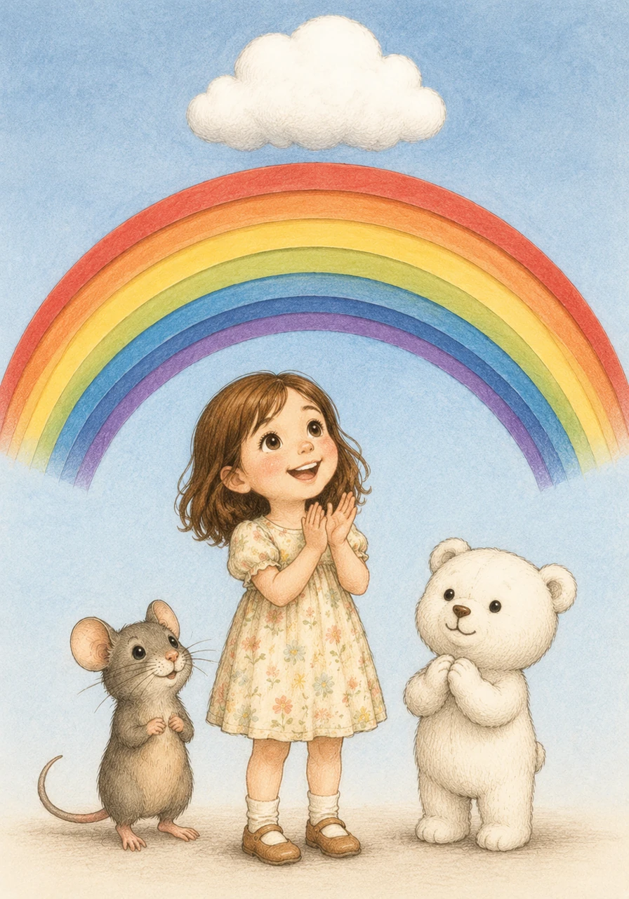 As the paper rainbow settles into place, a soft, fluffy white cloud begins to float in the sky above the characters. Lily claps her hands in delight, announcing that the beautiful paper rainbow is finally complete and shimmering with life.