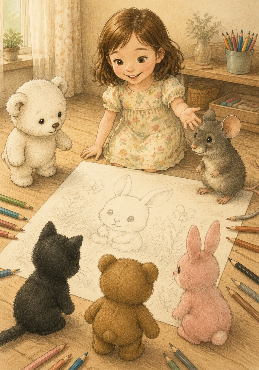 Turning her attention to the rest of the paper, Lily discovers another drawing waiting for the remaining colors. She invites White, Gray, Black, Brown, and Pink to come forward and show their own special magic to complete the next picture.