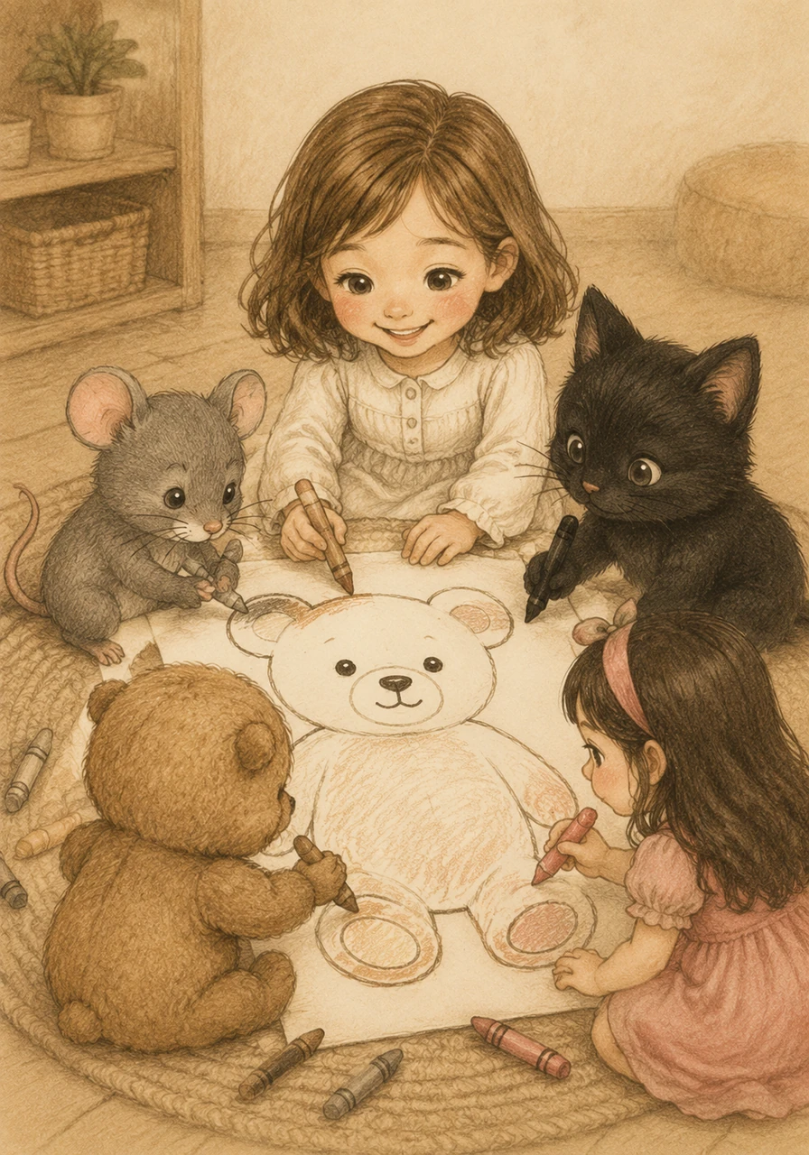 Five new characters emerge: Sophia in white, Sivar in gray, Joker in black, Clomey in brown, and Arwa in pink. They gather around a small outline of a bear, ready to fill the drawing with their soft, earthy, and gentle tones.