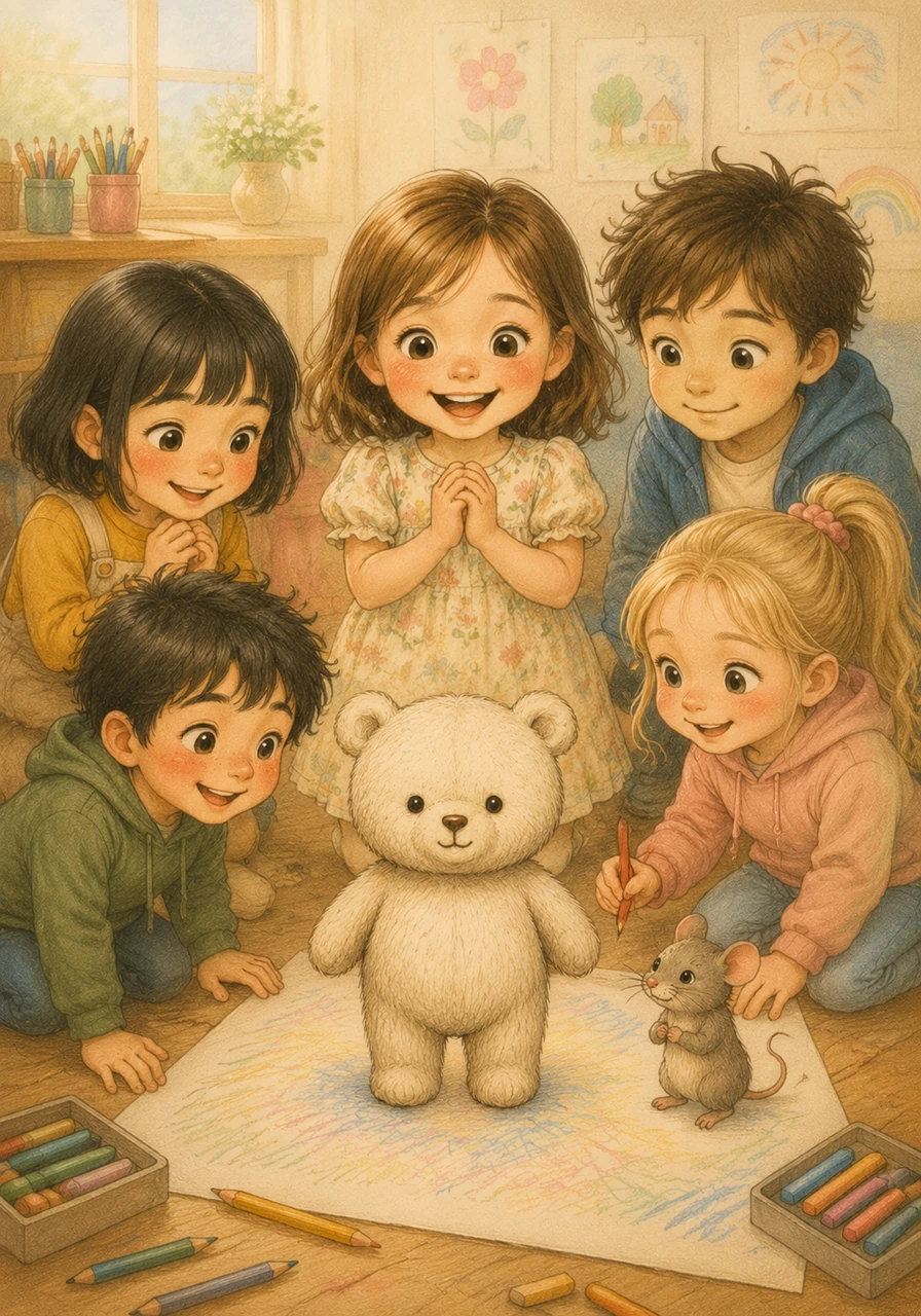 With a final touch of color, the drawing transforms into a cuddly Little Bear Plush standing proudly on the paper. Lily beams with joy as she sees Sophia, Sivar, Joker, Clomey, and Arwa complete their wonderful masterpiece together.