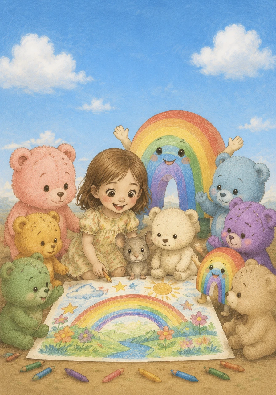 Under a vast blue sky and above the steady brown ground, the Rainbow characters and the Bear Plush characters all stand together in harmony. The paper is now a masterpiece of friendship and imagination, proving that every color has a special place in the world.