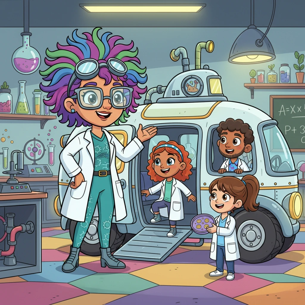 Professor Pipette, a quirky scientist with goggles perched on her wild, colorful hair, stands beside her gleaming, retro-futuristic Lab-Mobile. A group of excited young students, the Lab Explorers, are piling in, eager for their first microscopic adventure. The lab is filled with bubbling beakers and spinning centrifuges, ready for action.
