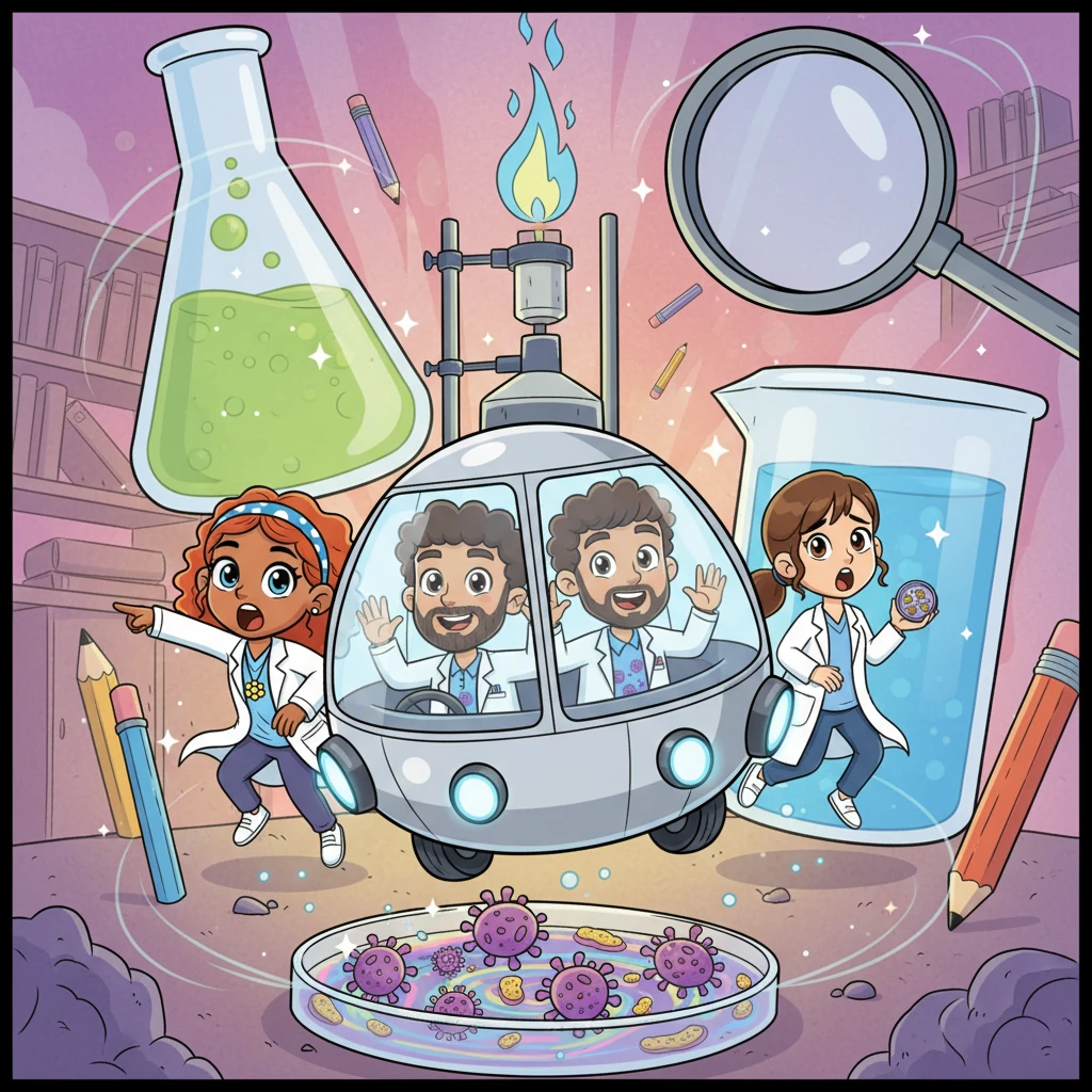 With a whir and a shimmer, the Lab-Mobile shrinks, transforming into a tiny, sleek vessel, zipping through the air. The Lab Explorers gasp in wonder as their classroom walls grow impossibly vast, and everyday lab equipment becomes towering giants. They are now small enough to enter a microscopic world.