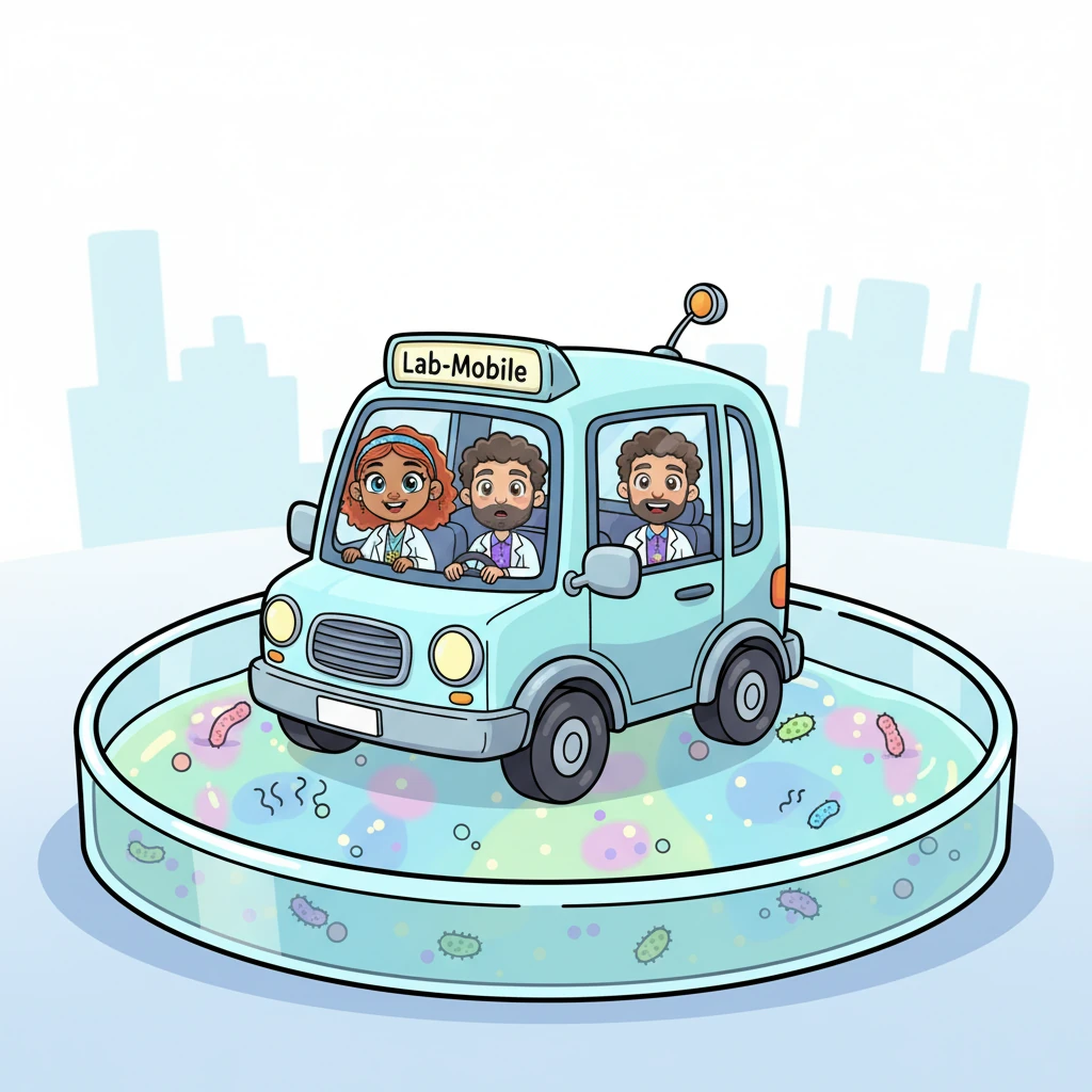 The Lab-Mobile lands gently inside a massive, shimmering Petri dish, filled with a nutrient-rich agar jelly that looks like a giant, colorful trampoline. Tiny, colorful dots, the bacteria, are scattered across the surface, some wiggling, some still. The Explorers peer out their windows with wide eyes, mesmerized by the new landscape.