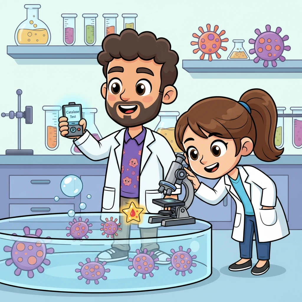 "How do we tell them apart in the lab?" asks a curious explorer, peering through a miniature microscope. Professor Pipette pulls out a tiny, glowing 'Catalase Test' device. "We use special tests! Both can bubble with catalase, but only some Staph have another trick called coagulase, which helps us identify the trickiest ones!" A tiny bubble appears next to a Staph cluster.