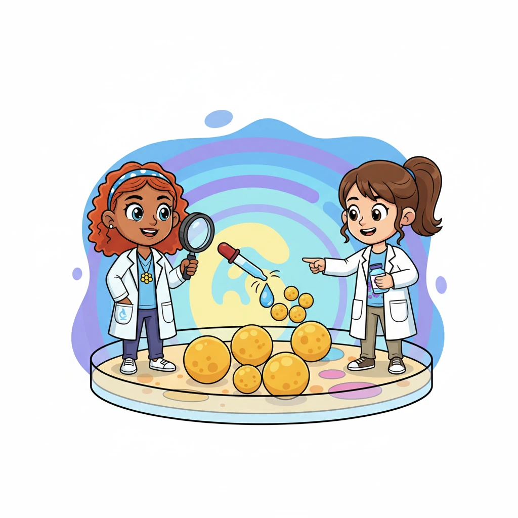 Armed with miniature magnifying glasses and a tiny 'coagulase' indicator, the Lab Explorers carefully approach a Staph cluster. They watch as a tiny droplet of solution causes a nearby Staph to clump together, confirming its identity. It's like a microscopic detective game, solving the mystery of the microbes!