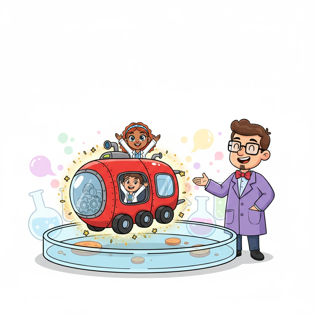 With their mission accomplished and minds buzzing with new knowledge, the Lab-Mobile zips out of the Petri dish, growing back to its original size in a flash of light. Professor Pipette smiles proudly as the Lab Explorers spill out, now equipped with the secrets of Staph and Micrococci, ready for their next big lab adventure!