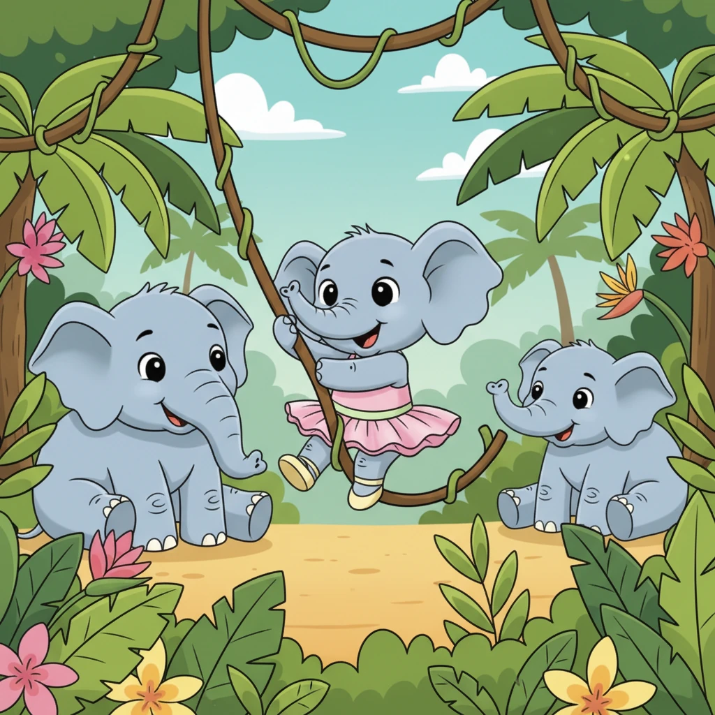 Deep in the Emerald Jungle, where vines swung like playful ropes, lived a happy herd of elephants. There was kind Ella, the wise matriarch, with her friends Max and Sam, and the tiny, curious Ella Jr.