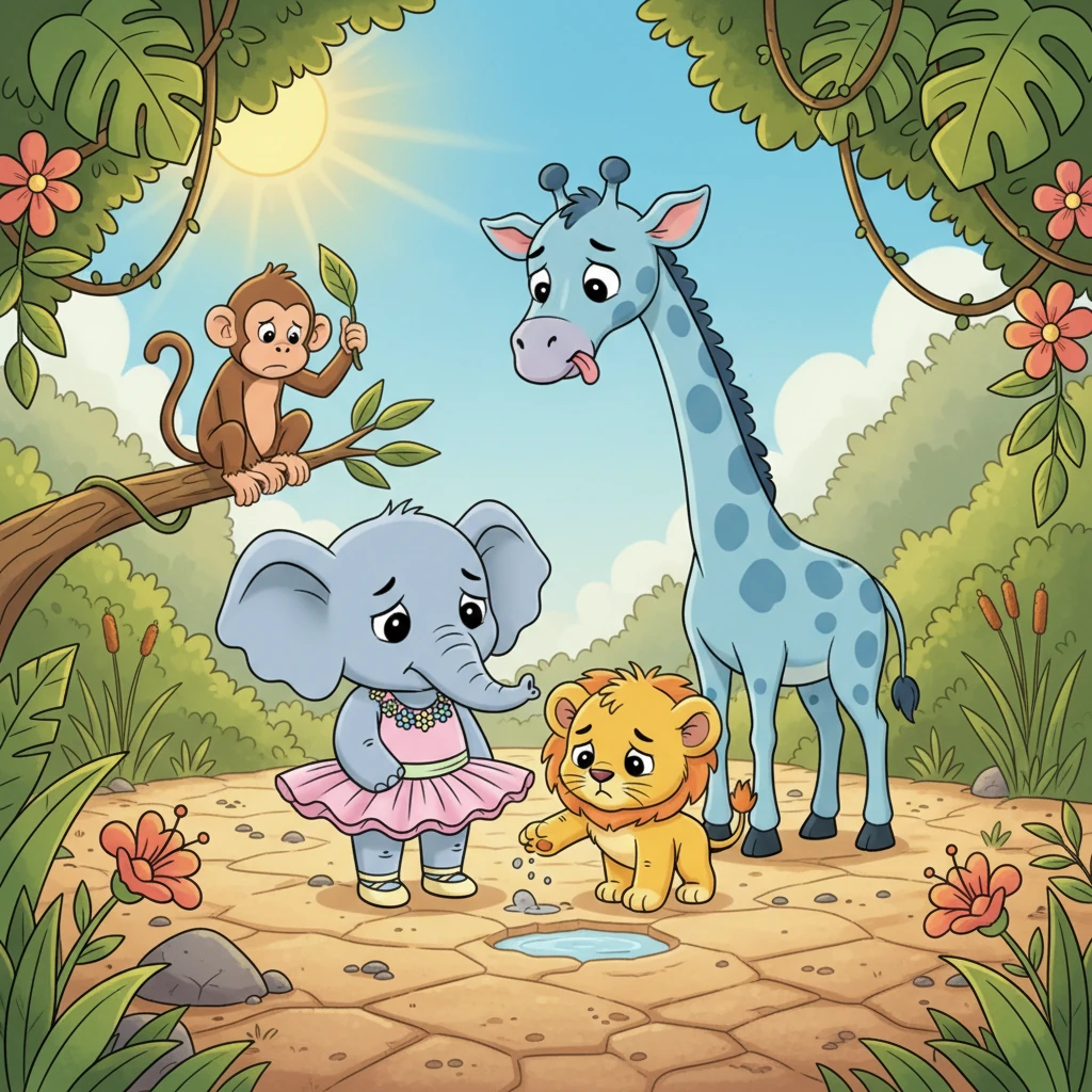 One sunny morning, the jungle felt strangely quiet. The sparkling river, usually gushing with life, had shrunk to a dusty path, leaving all the thirsty animals worried and sad.