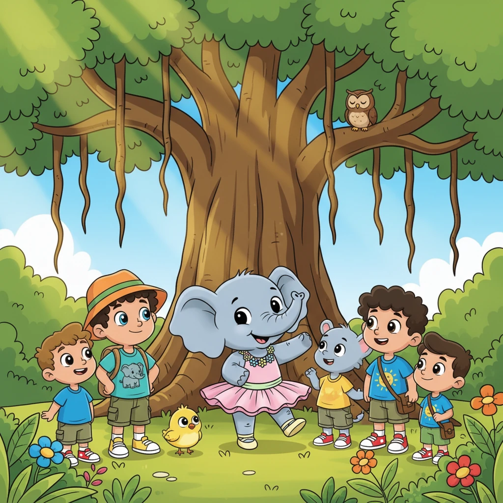 Ella gathered everyone under a giant banyan tree, her gentle rumble a comforting sound. She announced, 'We elephants are strong and have big hearts! Let's use our power to help our friends find water!'