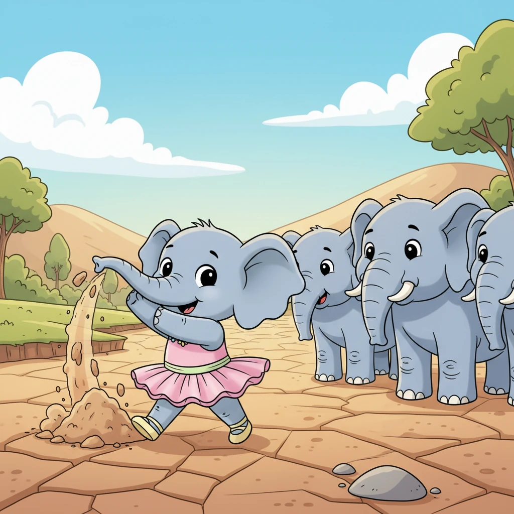With determination, the mighty elephants lined up at the dry riverbed, their eyes shining with purpose. Ella led the way, demonstrating how to use their powerful trunks to scoop and toss away the dry earth.