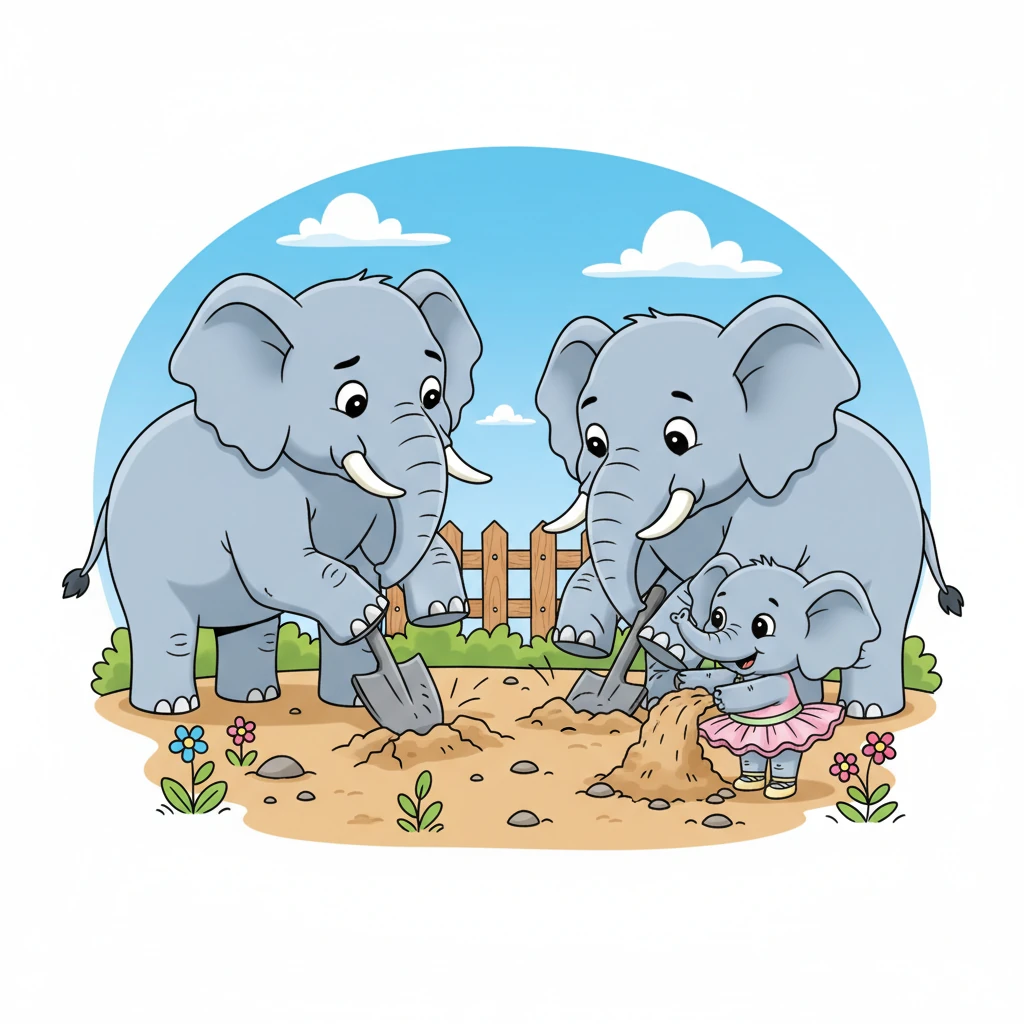 Max and Sam joined in, their strong tusks carefully breaking through the tougher, rocky parts of the ground. Tiny Ella Jr. tried to help too, wiggling her little trunk with all her might, making everyone smile.