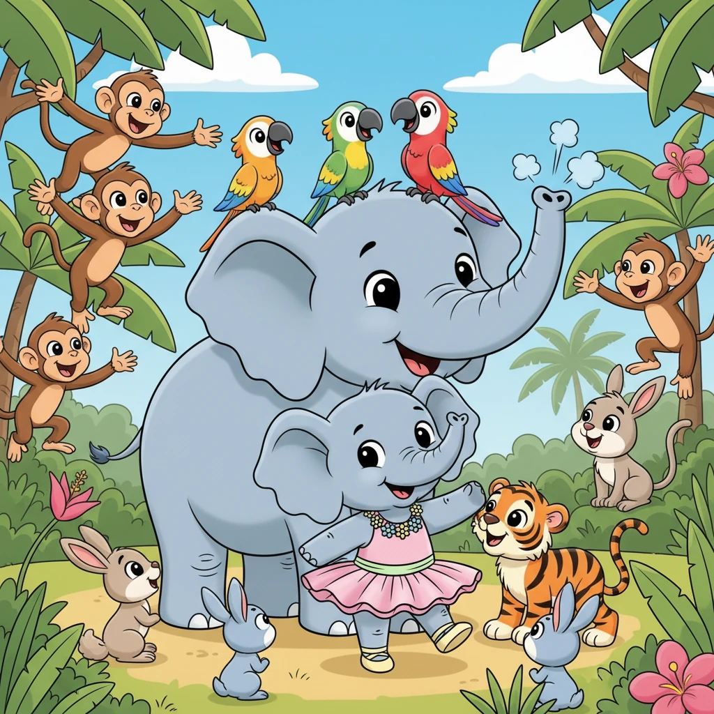 The jungle creatures, big and small, gathered around the elephants, trumpeting and chirping their heartfelt thanks. They knew the elephants' strength and kindness had saved them all.