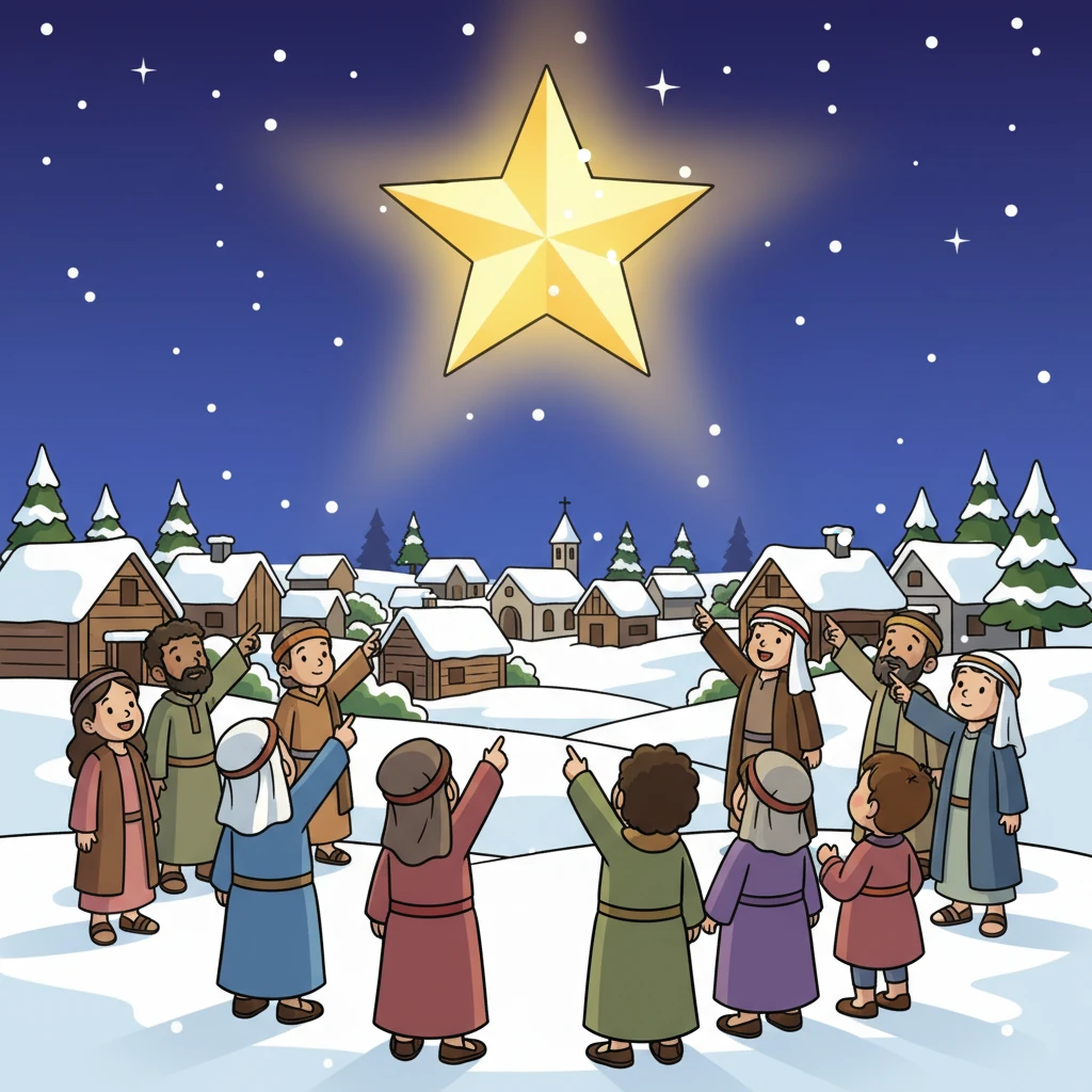 Suddenly, a single star appeared—bigger and brighter than any star before. People pointed to the sky, amazed by its warm, golden light.