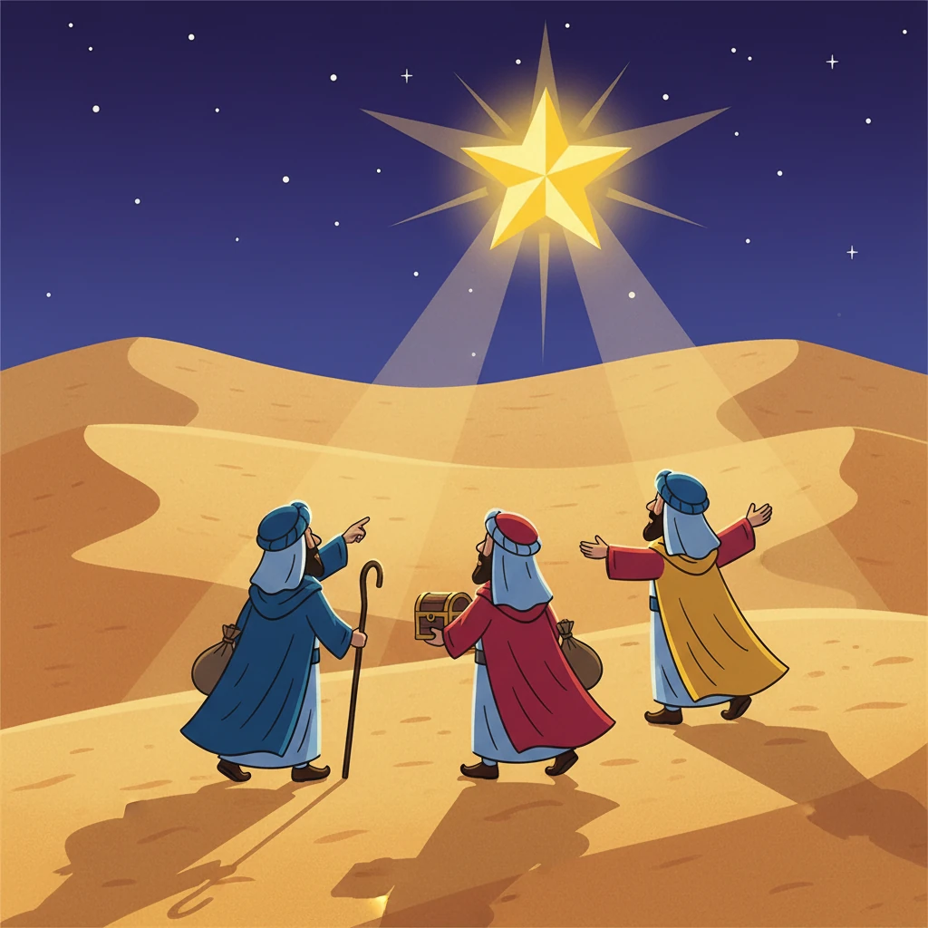 Far away, three wise travelers saw the shining star. They believed it was guiding them toward something important, so they packed gifts and began their long journey.