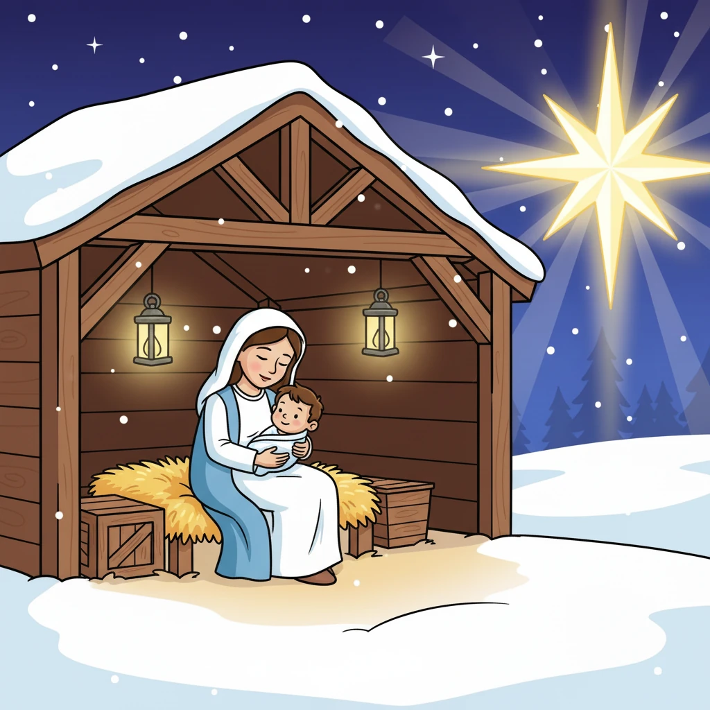 The star led them to a small, peaceful stable. Inside, a baby named Jesus had just been born. His mother held him gently as warm lanterns glowed in the quiet night.