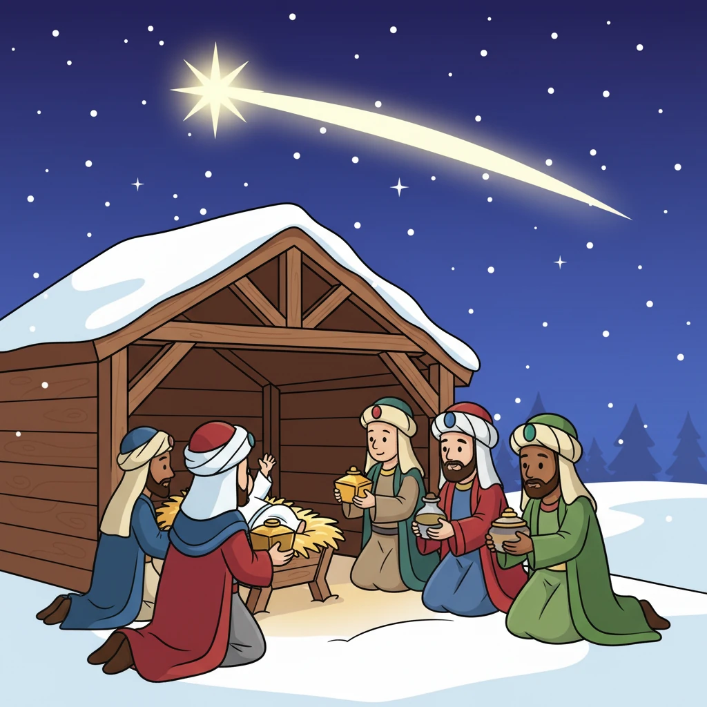 The travelers kneeled and offered precious gifts—gold, sweet spices, and fragrant oils. They believed the baby would bring hope and kindness to the world.