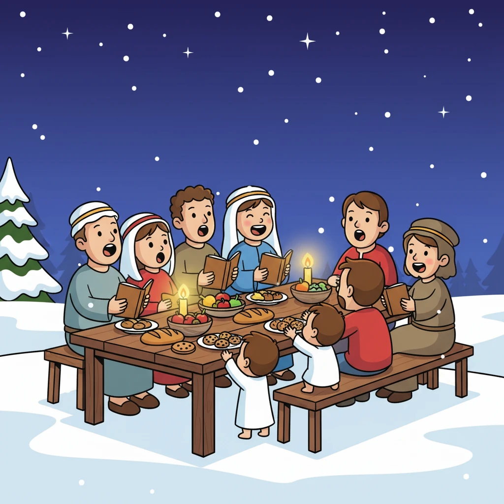 As the years passed, people began celebrating the day Jesus was born. They gathered to share food, sing songs, and tell stories of love and peace.