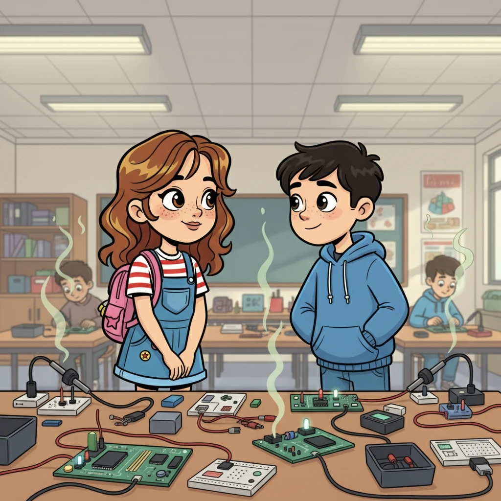 Clara, quatorze ans, se tenait maladroitement devant une table de technologie. L'odeur du plastique chauffé et des circuits imprimés flottait dans l'air, une odeur typique des après-midi de troisième. C'était un jour comme les autres, jusqu'à ce que ses yeux rencontrent ceux de Romain, un garçon nouveau dans sa classe.