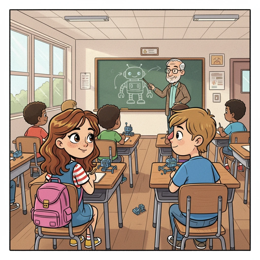 Romain était assis au fond de la classe, un peu timide, le regard curieux. Clara, le cœur battant, sentit une connexion immédiate, une curiosité mutuelle s'éveiller. Les regards se croisaient discrètement, échangeant des sourires furtifs pendant que le professeur expliquait le fonctionnement des robots.