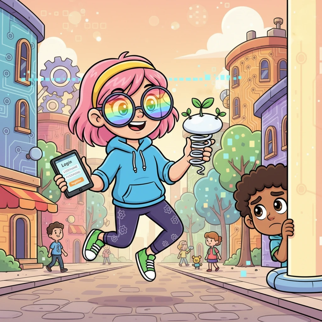 Pixel Penny, a cheerful little programmer with rainbow-colored glasses, skipped through the bustling town of Codeville. She loved helping everyone connect to the grand Digital Dreamland, a magical place where ideas played. Today, she spotted a new, shy friend.