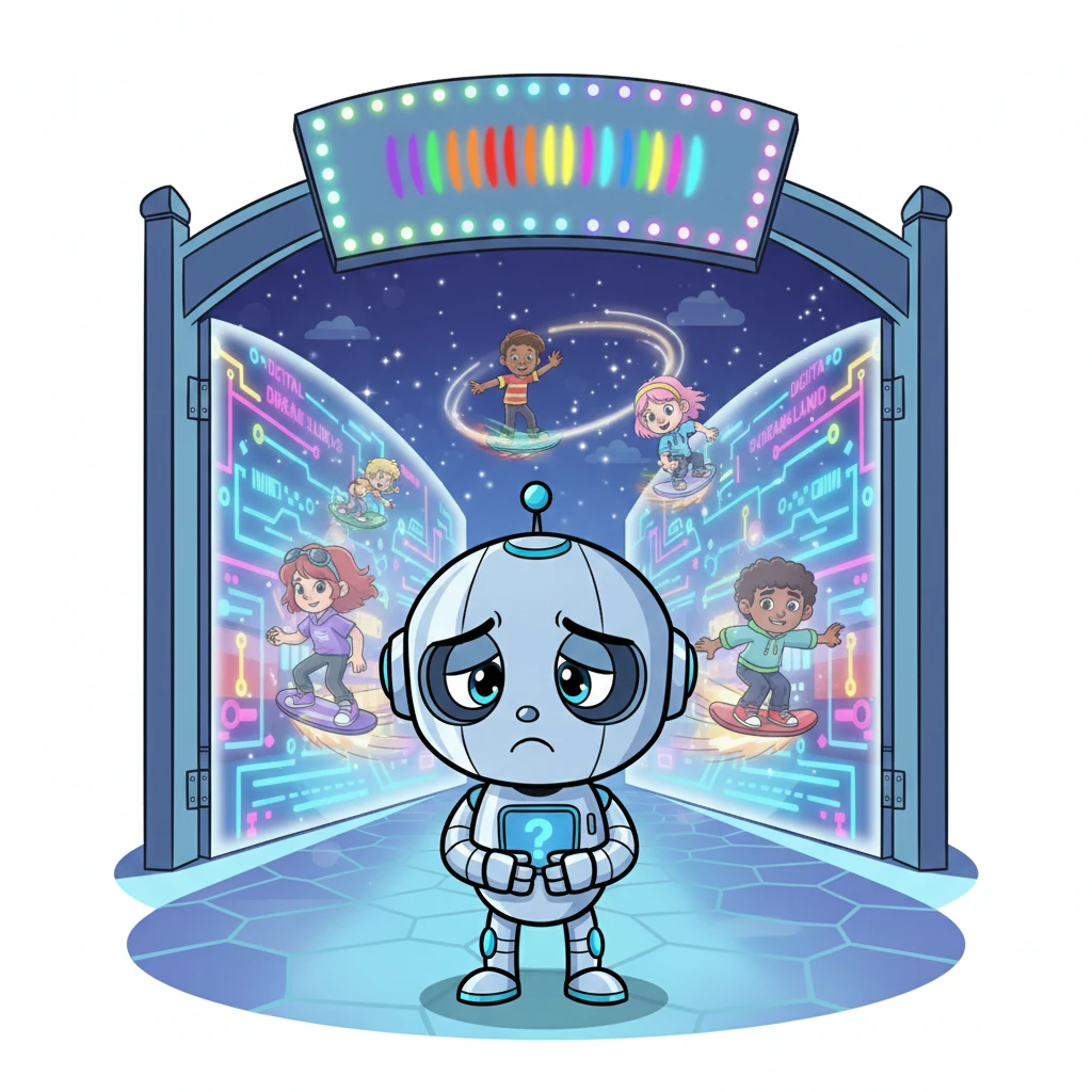 Over by the shimmering gates of Digital Dreamland Club, a small, round robot named Byte Buddy looked a little sad. He longed to join the fun inside, where colorful characters zoomed and twirled, but he didn't know how to get past the entrance. The big "JOIN HERE" sign blinked brightly above him.