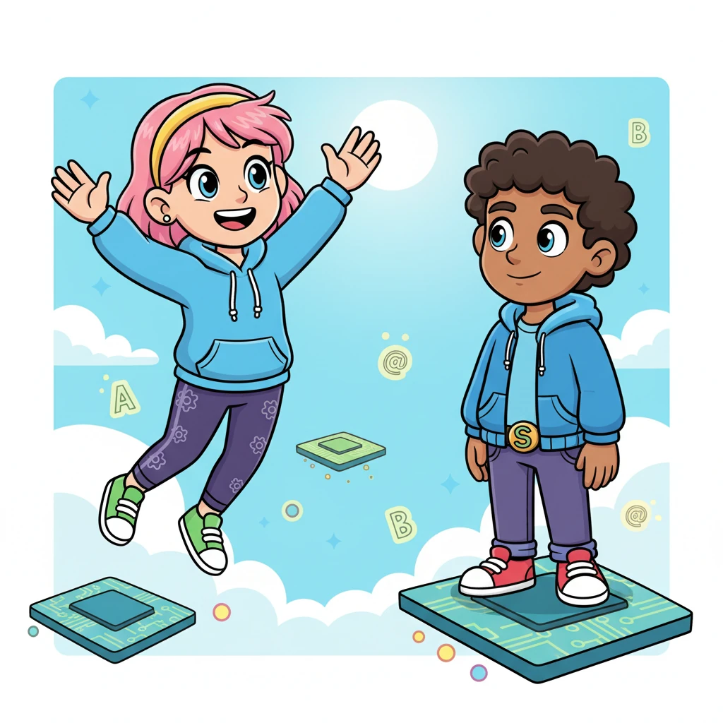 Pixel Penny, with a friendly wave, glided over to Byte Buddy. "Hello there, little bot!" she chirped, her smile as bright as a pixel. "Do you want to join our wonderful Digital Dreamland Club?" Byte Buddy nodded his head shyly.