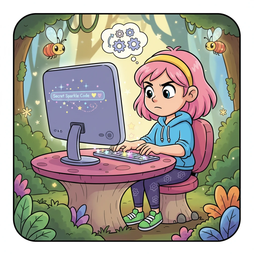 Byte Buddy pondered, his gears whirring gently. He imagined tiny stars and cheerful hearts. With careful movements, he typed a whimsical combination of sparkling symbols for his Secret Sparkle Code, feeling very grown-up and important.