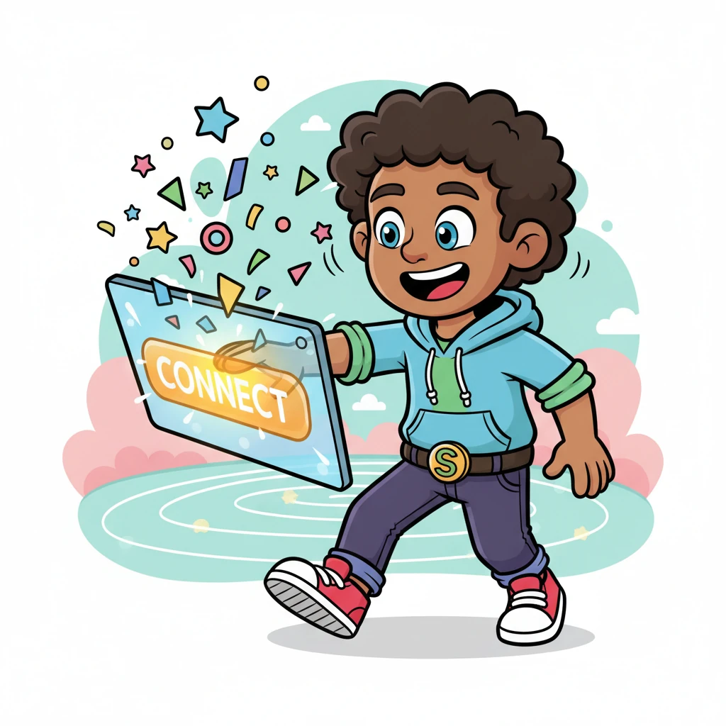 With both his Digital ID and Secret Sparkle Code entered, Byte Buddy pressed the big, glowing "CONNECT" button. A shower of digital confetti burst from the screen, and a happy "DING!" echoed through the air. His face lit up with pure joy.