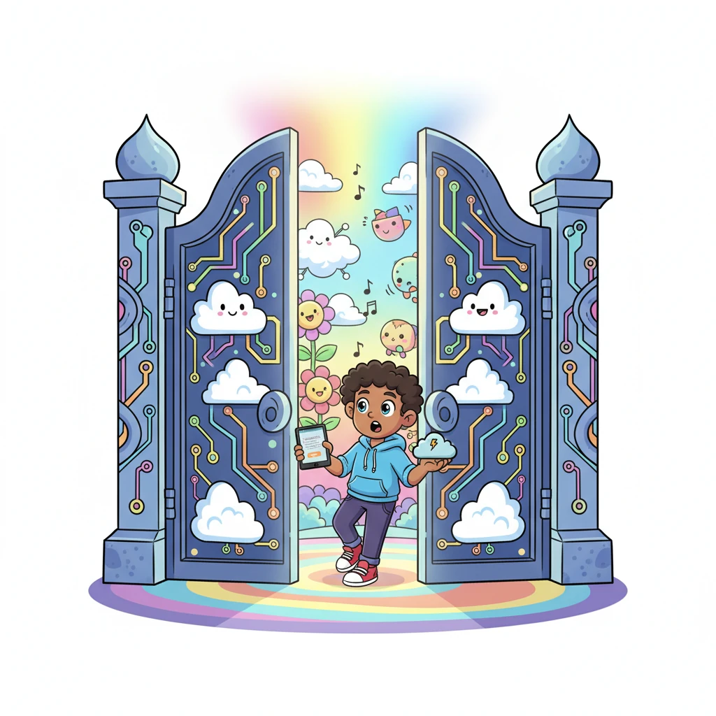 Slowly, with a gentle hum, the magnificent, rainbow-arched gates of the Digital Dreamland Club swung open wide! Inside, a vibrant world of bouncy clouds, singing flowers, and friendly digital creatures awaited. Byte Buddy gasped with excitement.